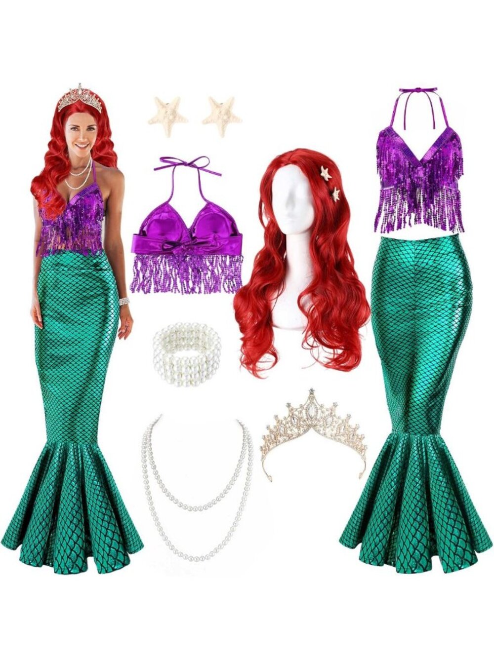 8-Piece Women's Mermaid Costume Set for Halloween, Parties & Dress Up Fun